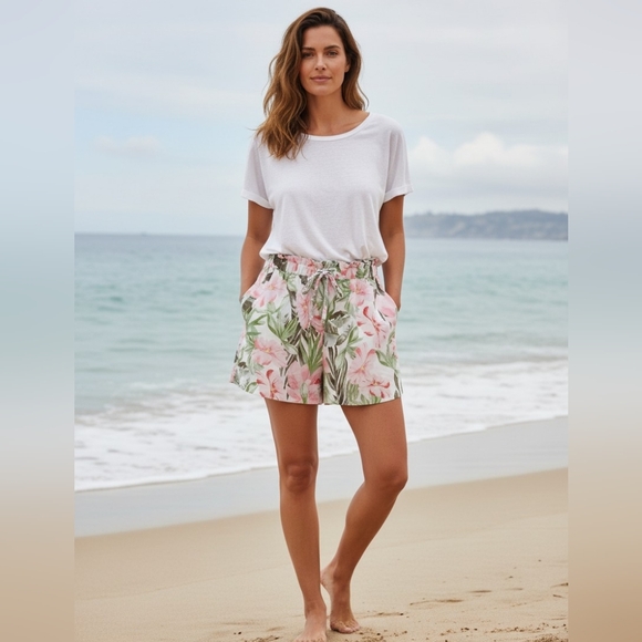 Tropical Floral Print Shorts, Elastic Waist W/ Drawstring, Front Pockets, - Picture 6 of 6